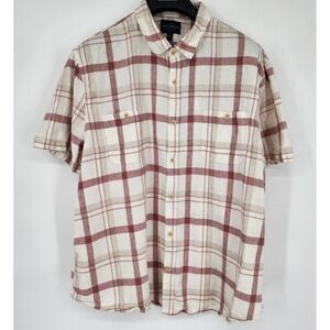 Lucky Brand Linen Blend Short Sleeve Shirt‎ Men XXL 2XL Ivory Plaid Button Front